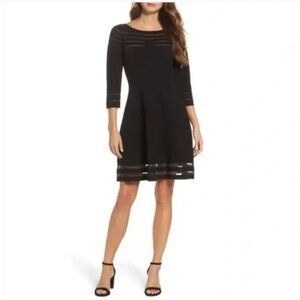 New Eliza J Short Black A Line Knit Dress Size Medium Long Sleeve Ballet Neck